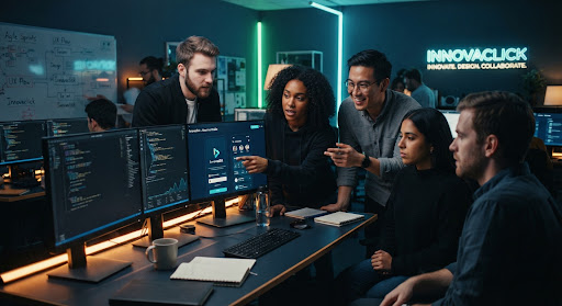Equipo de consultoría e ingeniería de la agencia Innovaclick analizando requerimientos de software